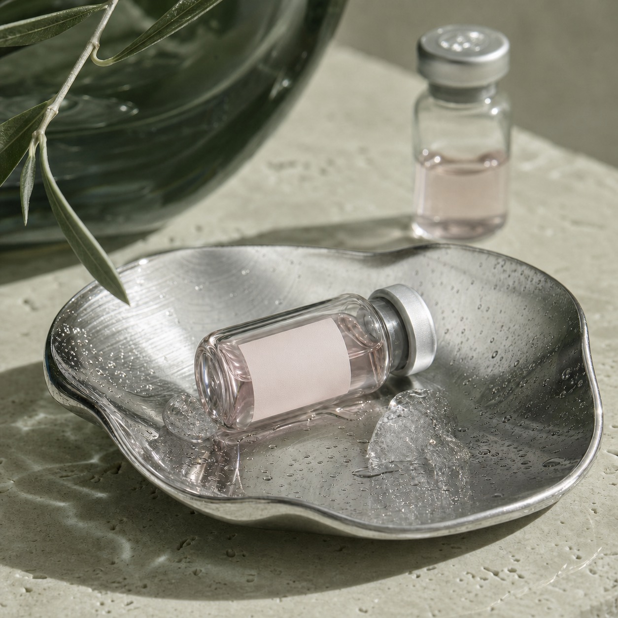 Unlabeled blush peptide vial styled with chrome, ice, and deep-green glass
