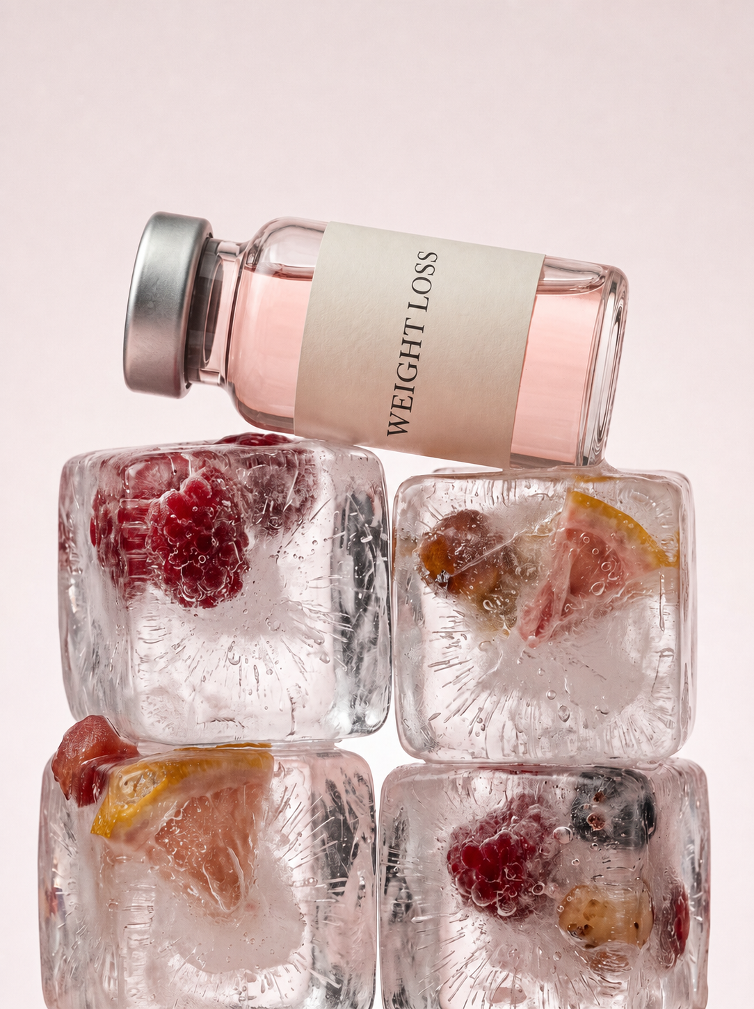 Weight-loss vial styled over fruit-filled ice cubes
